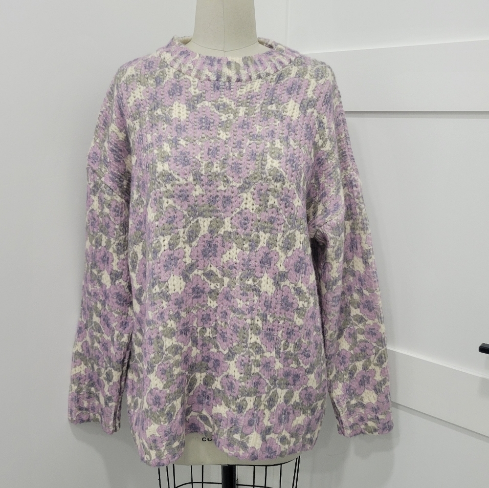 Zara Women's Floral Chunky Oversized Soft Warm Wool Blend Pullover Sweater M - Picture 4 of 11
